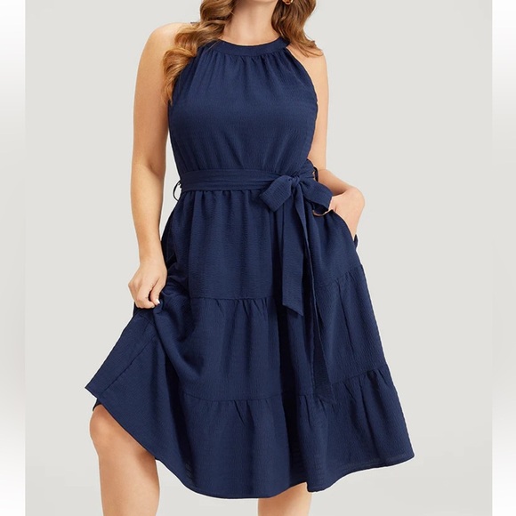BloomChic Plus Size 4XL Solid Knot Halter Pocket Belted Ruffles Tiered Hem Dress - Picture 6 of 8